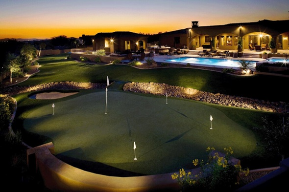 Southwest Greens of Tucson artificial golf green with sand trap at luxury home